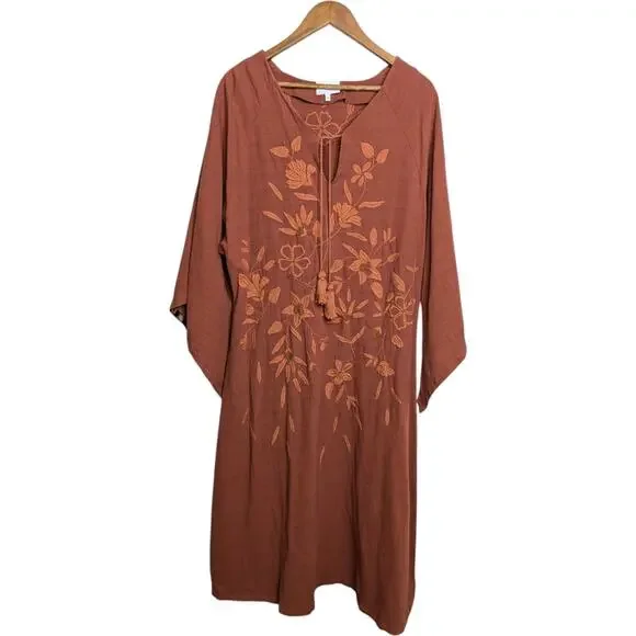 Mi Golondrina Ximena Maxi Kaftan Dress Medium Burnt Orange Embroidered Resort - Picture 11 of 13